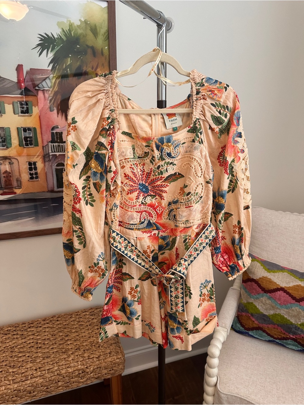 FARM Rio Peach Floral Embroidered Puff-Sleeve Romper - Picture 1 of 6